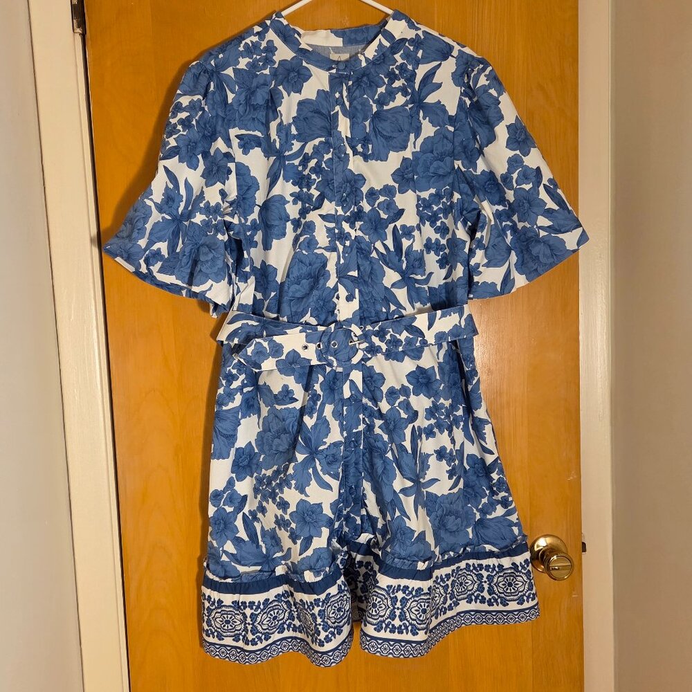 Joie Blue White Floral Button Up Belted Midi Dress Size 16 Cotton Cottagecore